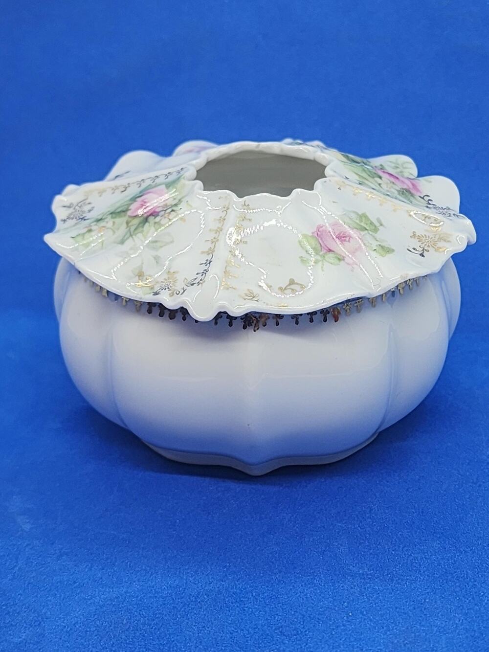 Vintage Porcelain Hair Receiver Flowers Victorian Era Trinket Jewelry Storage
